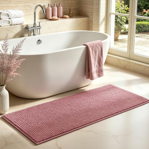 SUBRTEX Bathroom Rugs, 24" x 55" Chenille Bath Rug Soft Short Plush Bath Mat Soft Shower Mat Water Absorbent Shower Mat Quick Dry Machine Washable, Pink