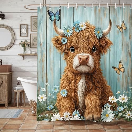 Cow Shower Curtain, Farmhouse Rustic Floral Daisy Funny Highland Cow Shower Curtains for Bathroom, Cute Calf Country Farm Animal Bathroom Decor with Hooks, 47x64 inch