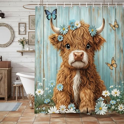 Cow Shower Curtain, Farmhouse Rustic Floral Daisy Funny Highland Cow Shower Curtains for Bathroom, Cute Calf Country Farm Animal Bathroom Decor with Hooks, 70x75 inch