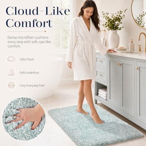 Yimobra Luxury Bathroom Rugs, Fluffy Bath Mats, Non Slip, Water Absorbent Microfiber, Machine Washable, Plush Runner Shower Rugs, Thick Matts for Bathroom Floor/Tub, 47"x 24", Sky Light Blue and White
