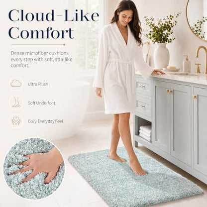 Yimobra Luxury Bathroom Rugs, Fluffy Bath Mats, Non Slip, Water Absorbent Microfiber, Machine Washable, Plush Runner Shower Rugs, Thick Matts for Bathroom Floor/Tub, 47"x 24", Sky Light Blue and White