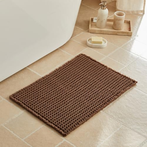 Triohero Waffle Bath Mat, Small Boho Bathroom Rugs Non Slip 16x24 Mocha