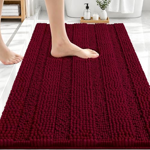 OLANLY Thick Bathroom Rugs 30x20, Soft Chenille Striped Bath Rugs, Burgundy