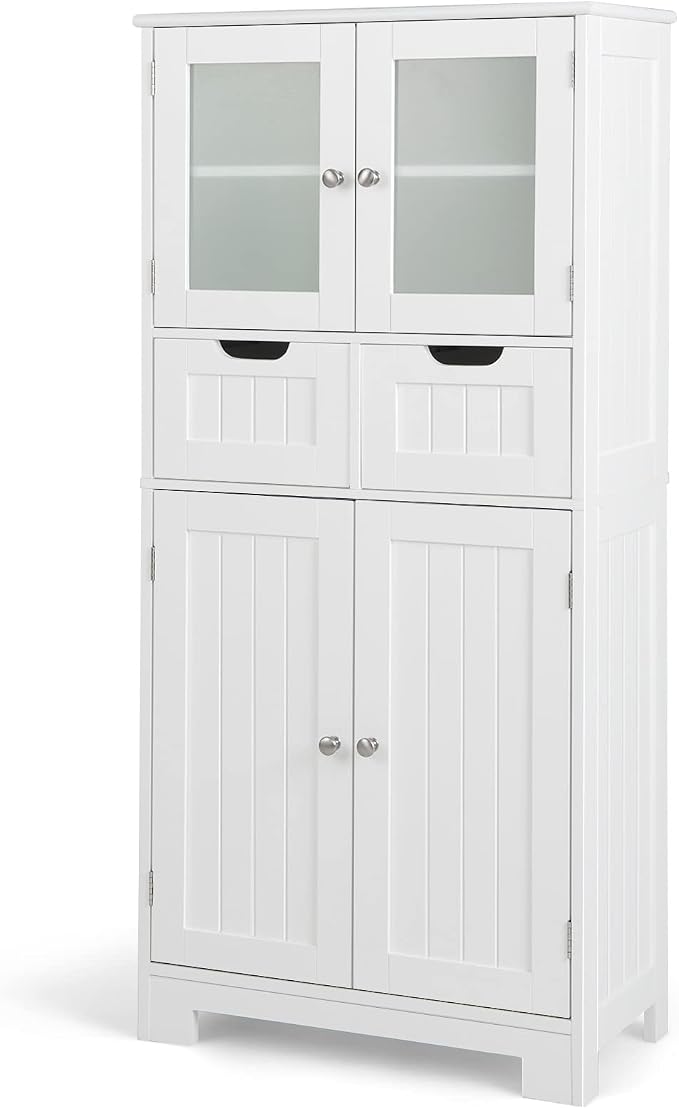 GIANTEX Floor Storage Cabinet, Freestanding Bathroom Cabinet with 2 Glass Doors, 2 Drawers & Adjustable Shelves, Multifunctional 50.5” Tall Storage Organizer Cupboard for Kitchen Living Room, White