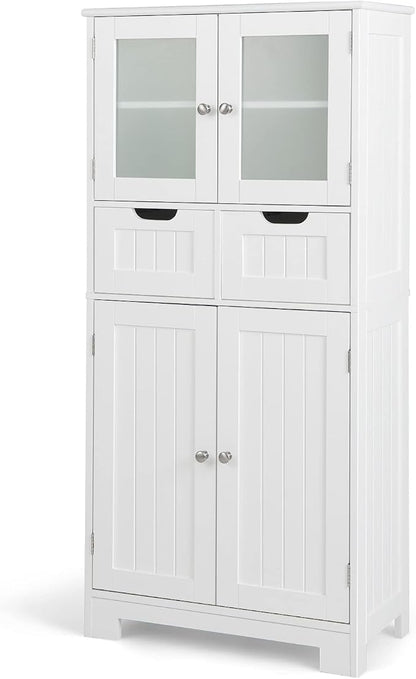 GIANTEX Floor Storage Cabinet, Freestanding Bathroom Cabinet with 2 Glass Doors, 2 Drawers & Adjustable Shelves, Multifunctional 50.5” Tall Storage Organizer Cupboard for Kitchen Living Room, White