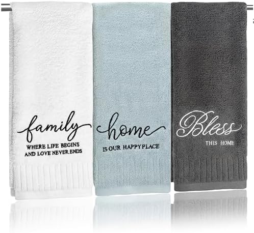 Tiamon 3 Pcs Bathroom Towel Decorative Set 100% Cotton Fluffy Bath Hand Towels for Guest Gifts Farmhouse Kitchen Hand Towels Home(Black, White, Gray,30 x 13 Inch,Home, Family, Love)
