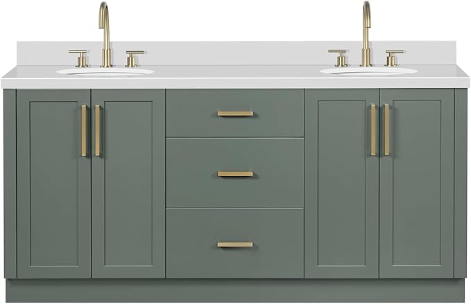 ARIEL Loren 72-inch Bathroom Vanity with Sink,Solid Wood, 1.5-inch Pure White Quartz Countertop, Double Oval Porcelain Sink, 4 Soft Closing Doors, 3 Dovetail Drawers, Vintage Green