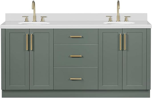 ARIEL Loren 72-inch Bathroom Vanity with Sink,Solid Wood, 1.5-inch Pure White Quartz Countertop, Double Oval Porcelain Sink, 4 Soft Closing Doors, 3 Dovetail Drawers, Vintage Green