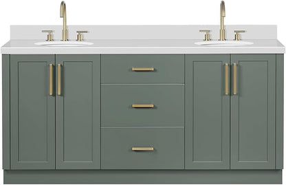 ARIEL Loren 72-inch Bathroom Vanity with Sink,Solid Wood, 1.5-inch Pure White Quartz Countertop, Double Oval Porcelain Sink, 4 Soft Closing Doors, 3 Dovetail Drawers, Vintage Green