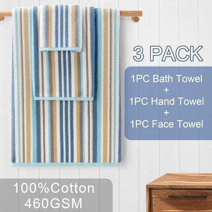 VOOVA & MOVAS Striped Towels 3 Pack, 100% Cotton, Blue Gray Beige