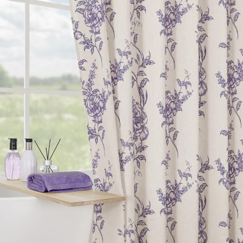 Purple Linen Farmhouse Shower Curtain, Boho Floral Bathroom 72x72