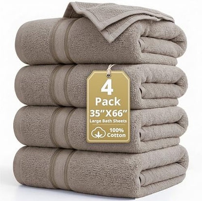 LANE LINEN Large Bath Sheets Oversized Soft Absorbent 4 Pack - Platinum
