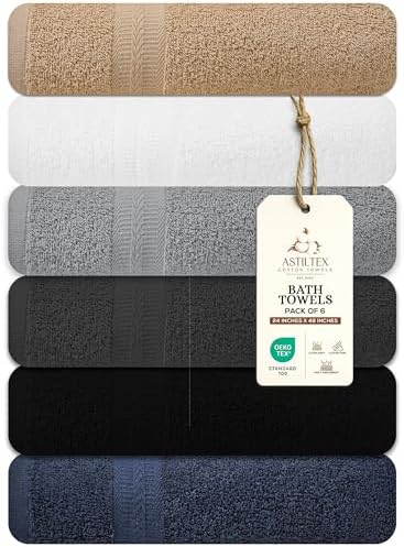 Bath Towels Pack of 6 – 24" x 48" – 100% Cotton Terry, Soft, Quick-Dry & Highly Absorbent – Multi Assorted Towels for Bathroom, Spa, Gym, Hotel, Pool & Everyday Use