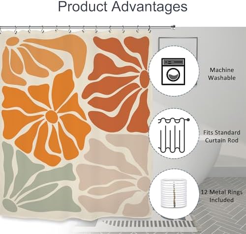 Matisse Flower Shower Curtain 60Wx72L Inch Abstract Retro Aesthetic Minimalist Vintage Art 70s Modern Orange Green Tan Bathroom Set Accessories Decor with 12 Pack Hooks