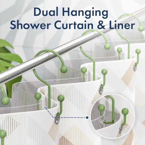 Bathway Shower Curtain Hooks Green Shower Curtain Rings, 12 Pcs Double Hook Shower Curtain Hooks Rings Shower Curtain Hangers Rust Proof, Metal Shower Hooks for Bathroom Shower Curtain Rod