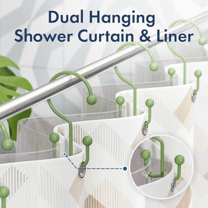 Bathway Shower Curtain Hooks Green Shower Curtain Rings, 12 Pcs Double Hook Shower Curtain Hooks Rings Shower Curtain Hangers Rust Proof, Metal Shower Hooks for Bathroom Shower Curtain Rod