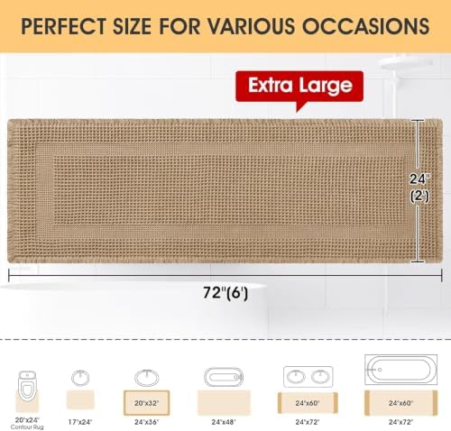 IM HOME Extra Large Waffle Bath Mat, Boho Bathroom Rugs Absorbent Non Slip, Soft Bathroom Mats, Machine Washable Knit Bath Rugs with Tassels for Bathroom, Bedroom, Kitchen, Shower, Tub, Beige, 6'x2'