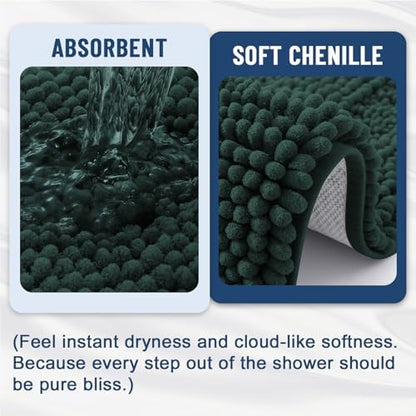 Grandaily Chenille Striped Bathroom Rugs 30x20, Extra Thick and Absorbent Bath Mats, Non-Slip Soft Plush Shaggy Shower Carpet, Machine Wash Dry, Bath Rug for Bathroom, (Medium, Dark Green)