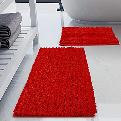 Luxury Chenille Red Bathroom Rugs Sets 2 Piece, Thickened Hot Melt Rubber Bottom Bath Mats for Bathroom Non Slip,Bath Rugs Quick Dry Machine Washable for Shower Mat (32"x20"+17"x24")