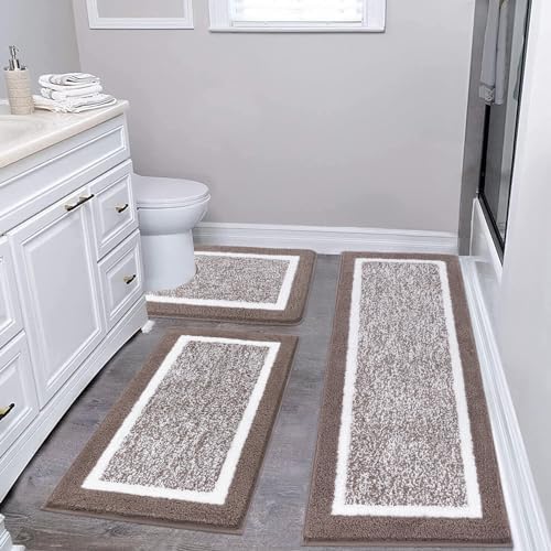 Pauwer Bathroom Rug Sets 3 Piece, Non Slip Washable Bath Mat, Coffee