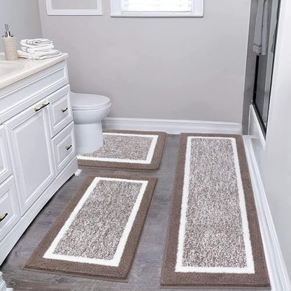 Pauwer Bathroom Rug Sets 3 Piece, Non Slip Washable Bath Mat, Coffee
