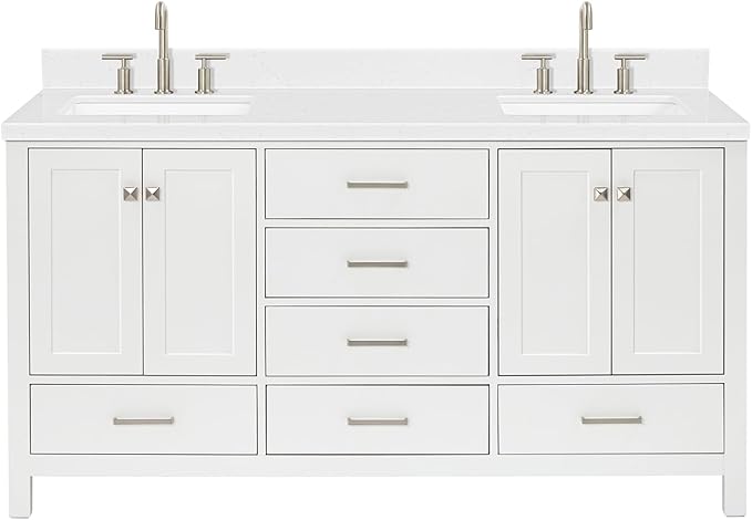 ARIEL Cambridge 66-inch Bathroom Vanity with Sink,Solid Wood, 1.5-inch Carrara White Quartz Countertop, Double Rectangular Porcelain Sink, 4 Soft Closing Doors, 6 Dovetail Drawers, White
