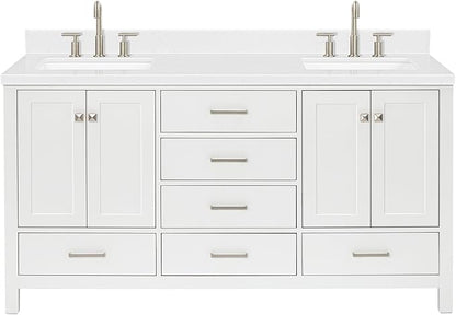 ARIEL Cambridge 66-inch Bathroom Vanity with Sink,Solid Wood, 1.5-inch Carrara White Quartz Countertop, Double Rectangular Porcelain Sink, 4 Soft Closing Doors, 6 Dovetail Drawers, White