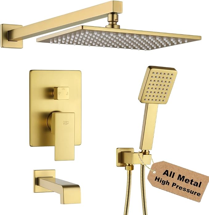Shower Tub Faucet Set Brushed Gold Bathroom Shower System with Tub Spout Wall Mounted Rainfall 12 Inch Thickened Shower Head and Handle Set Include Shower Valve and Trim Kit