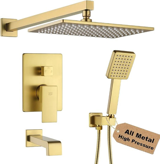 Shower Tub Faucet Set Brushed Gold Bathroom Shower System with Tub Spout Wall Mounted Rainfall 12 Inch Thickened Shower Head and Handle Set Include Shower Valve and Trim Kit