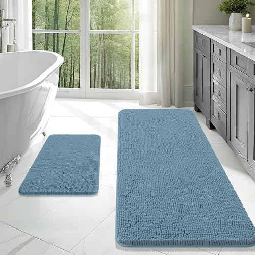 OLANLY Chenille Bathroom Rugs Mats Sets 2 Piece, 47"x20"+24"x16", Airy Blue
