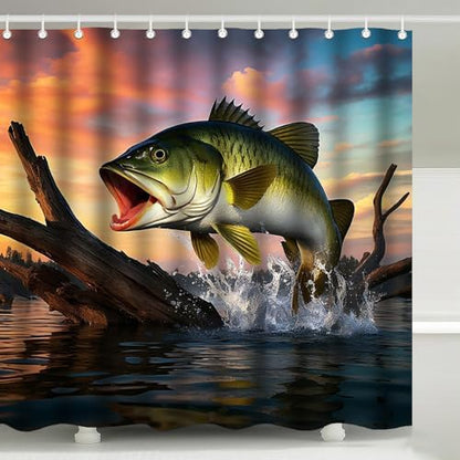 Large mouth Bass Sunset Lake Scene Shower Curtain with Hooks 72 x 72 Inches