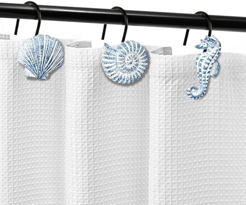 Sunlit Seashells Decorative Shower Curtain Hooks, Sky Blue Ocean Creatures Coastal Shower Curtain Rings with Black Hooks, Resin, Nautical Bathroom Decoration Beach Shower Curtain Hooks, Set of 12