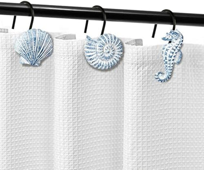 Sunlit Seashells Decorative Shower Curtain Hooks, Sky Blue Ocean Creatures Coastal Shower Curtain Rings with Black Hooks, Resin, Nautical Bathroom Decoration Beach Shower Curtain Hooks, Set of 12