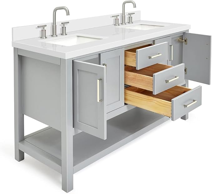 DKB Olivia 60" Grey Double Bathroom Vanity, 1.5" Edge Pure White Quartz Countertop, Rectangular Undermount Sinks, 4 Soft Closing Doors, 3 Full Extension Dovetail Drawers, Open Shelf