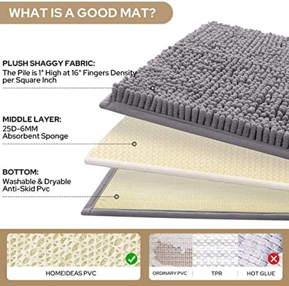 HOMEIDEAS Grey Long Chenille Bathroom Rugs Set of 3, Non Slip Bath Mat