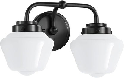 Bathroom Vanity Light Fixtures: 2-Light Black Bathroom Lighting Fixtures Over Mirror with Milky White Frosted Glass Shade, Farmhouse Modern Wall Light for Bath