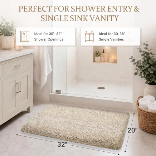 Yimobra Bath Rugs for Bathroom 32X20, Ultra Soft and Water Absorbent Bath Mats, Non Slip Plush Shower Mat Outside, Microfiber Mats for Bathroom Floor/Tub, Machine Washable, Light Beige and White