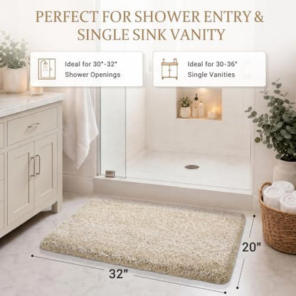 Yimobra Bath Rugs for Bathroom 32X20, Ultra Soft and Water Absorbent Bath Mats, Non Slip Plush Shower Mat Outside, Microfiber Mats for Bathroom Floor/Tub, Machine Washable, Light Beige and White