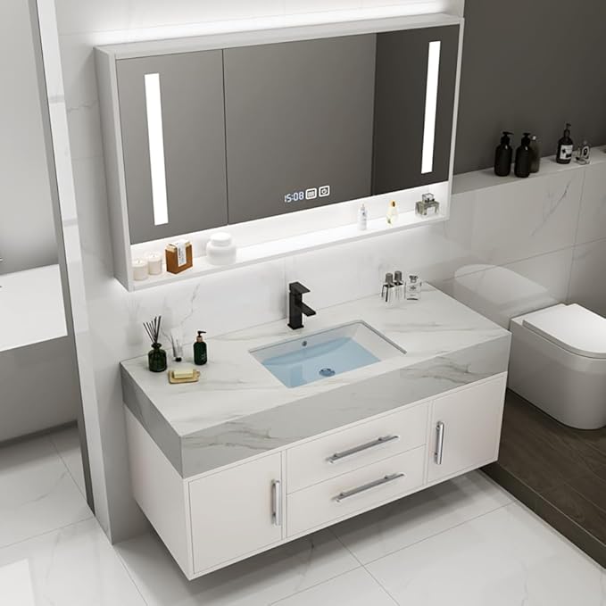 Bathroom Vanity with Sink 39.5" Floating Bathroom Vanity Sintered Stone Modern Bathroom Vanity Set, White (Wall Mounted, Silver Handle)