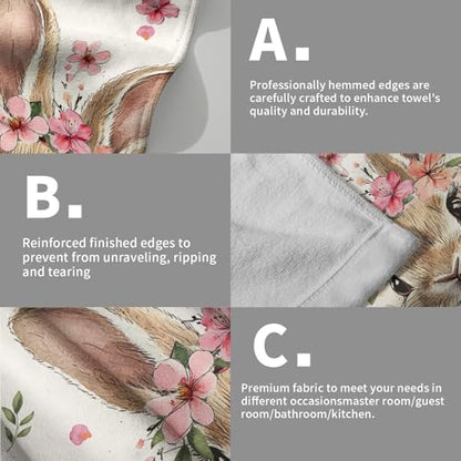 Pink Floral Bunny Hand Towels, 14x28 Inch Spring Flowers Cute Rabbit Easter Day Decor Absorbent Soft Dish Washing Cloth Face Tea Towels for Kitchen Bathroom Holiday Decoration