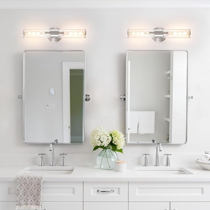 Brushed Nickel Wall Sconces Set of 2 (Hardwired Only), Bathroom Vanity Light Fixtures, Modern Cylinder Glass Wall Lights for Mirror 28-40 in Height, NOT Battery Operated, E26 Base (Bulbs Not Included)