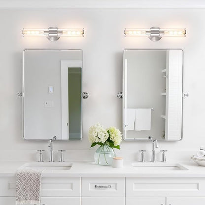 Brushed Nickel Wall Sconces Set of 2 (Hardwired Only), Bathroom Vanity Light Fixtures, Modern Cylinder Glass Wall Lights for Mirror 28-40 in Height, NOT Battery Operated, E26 Base (Bulbs Not Included)