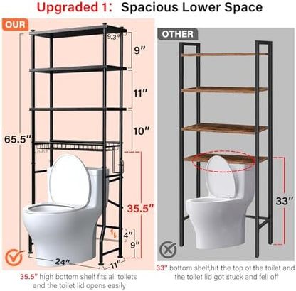 4-Tier Over-The-Toilet Storage Rack, Bathroom Organizer Shelf Over Toilet With Shelf Waterproof Feet Pad And Basket, Multifunctional Space Saver Bathroom Shelves Above Toilet for Room (Black)