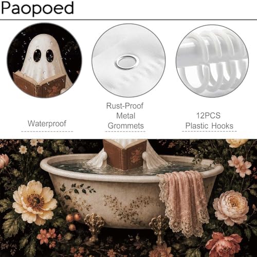 Ghost Shower Curtain 72 x 72 Inch, Waterproof Polyester Halloween Bathroom Curtain with 12 Plastic Hooks, Dark Floral Vintage Bathtub Bath Curtain for Tub Decor