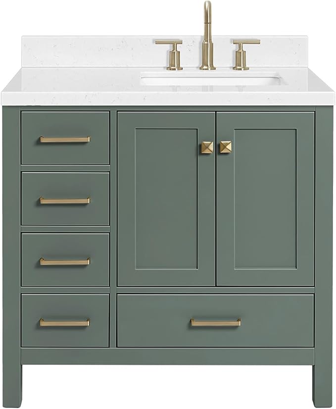 ARIEL Cambridge 36-inch Bathroom Vanity with Sink,Solid Wood, 1.5-inch Carrara White Quartz Countertop, Single Rectangular Porcelain Sink, 2 Soft Closing Doors, 5 Dovetail Drawers, Vintage Green