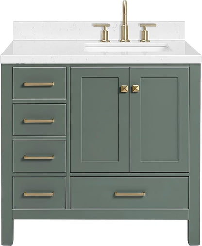 ARIEL Cambridge 36-inch Bathroom Vanity with Sink,Solid Wood, 1.5-inch Carrara White Quartz Countertop, Single Rectangular Porcelain Sink, 2 Soft Closing Doors, 5 Dovetail Drawers, Vintage Green