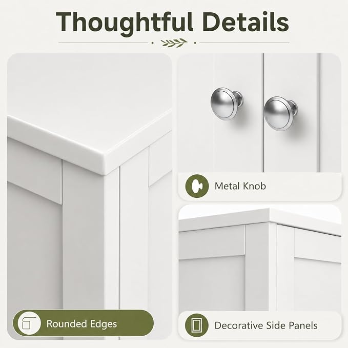 Nuturelly Bathroom Floor Storage Cabinet, 4 Doors, Anti-Tip, White | 23.7"D x 11.9"W x 42.6"H, Adjustable Shelves, Shaker style, 5-position Shelves, Anti-tip Kit, Rounded Corners, Easy Assembly