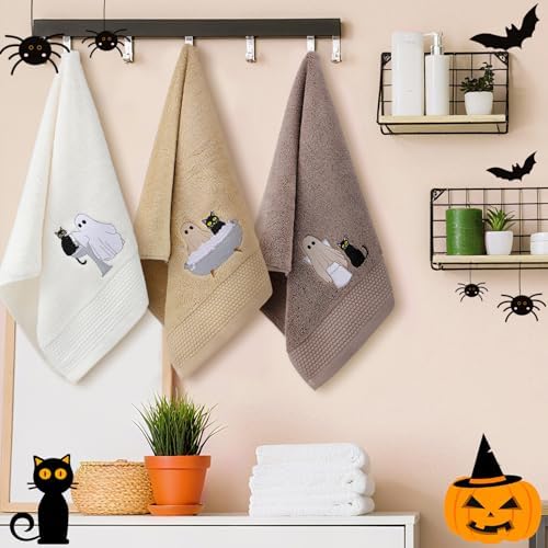 FuWeave 3 Pcs Brown Halloween Ghost Cat Hand Towels for Bathroom
