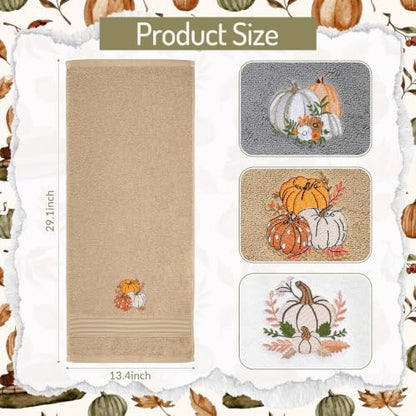 FuWeave 3 Pcs Gray Brown Fall Pumpkin Hand Towels for Bathroom