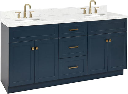 ARIEL Hamlet 72-inch Bathroom Vanity with Sink,Solid Wood, 1.5-inch Carrara White Quartz Countertop, Double Rectangular Porcelain Sink, 4 Soft Closing Doors, 3 Dovetail Drawers, Midnight Blue